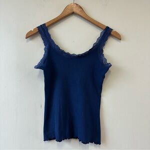 Chic Y2K style Navy Lace Trim Camisole with Ruffled Edge